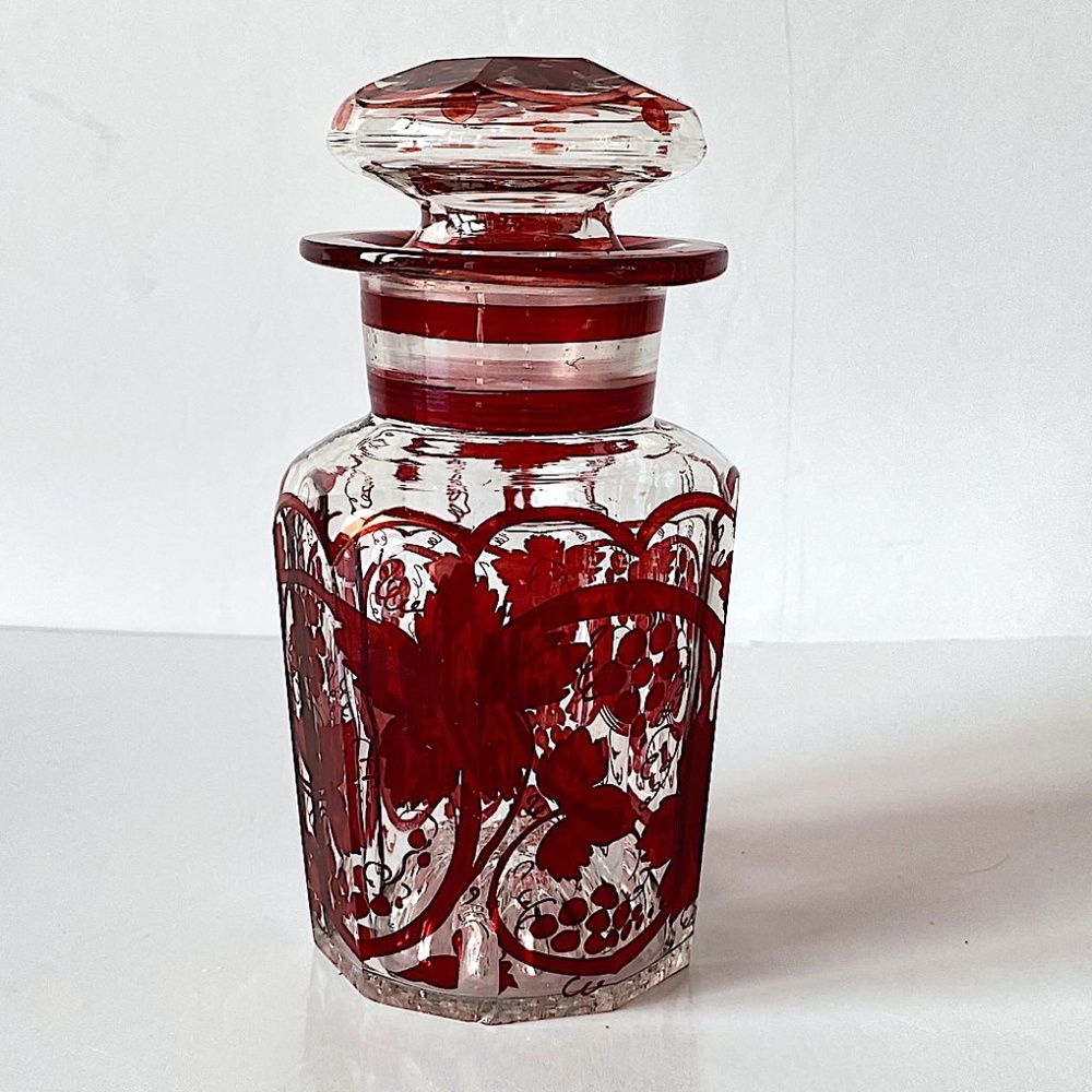 Bohemian Glass Pickle Jar Ruby Red Grapes Pattern Vintage Circa 1930s AS IS.